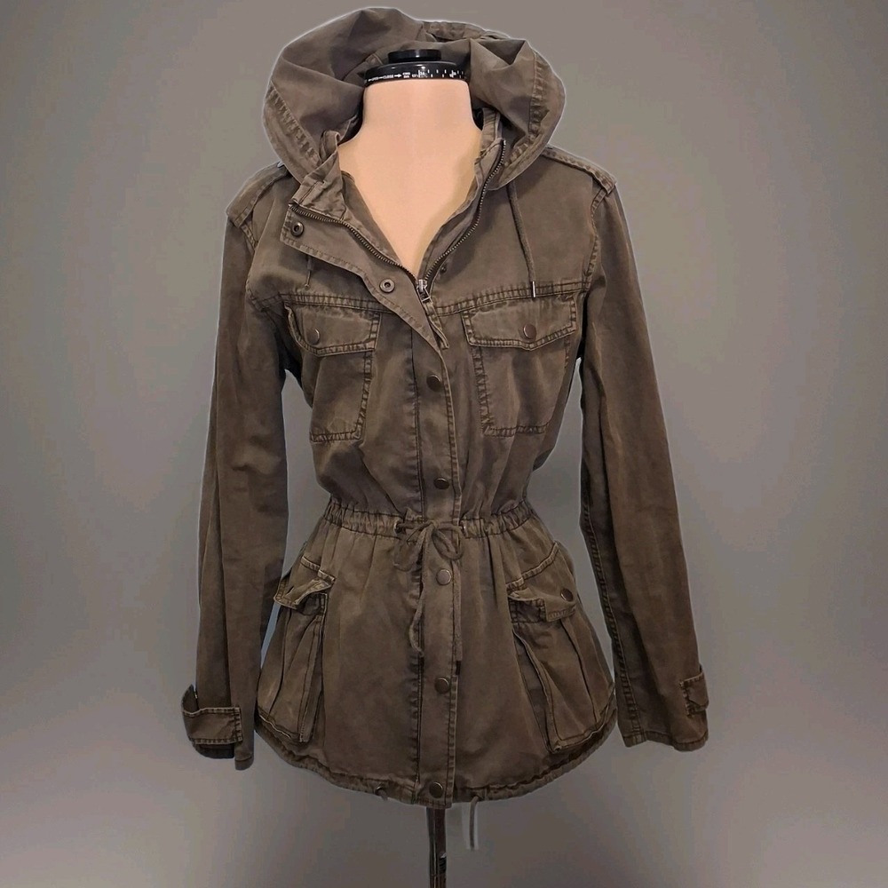 Blank Nyc Womens M Green Utility Jacket Bella Swan Waist Define Hooded Full Zip